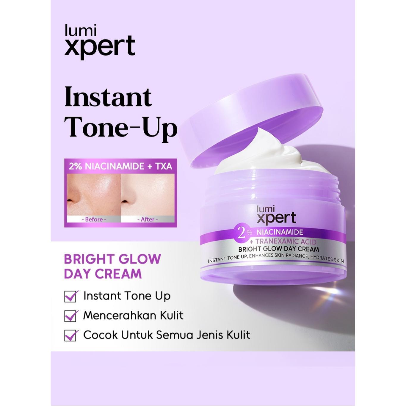 Lumixpert 2% Niacinamide Bright Glow Day Cream memberikan efek kecerahan instan seperti makeup  sekaligus manfaat brightening setara skincare