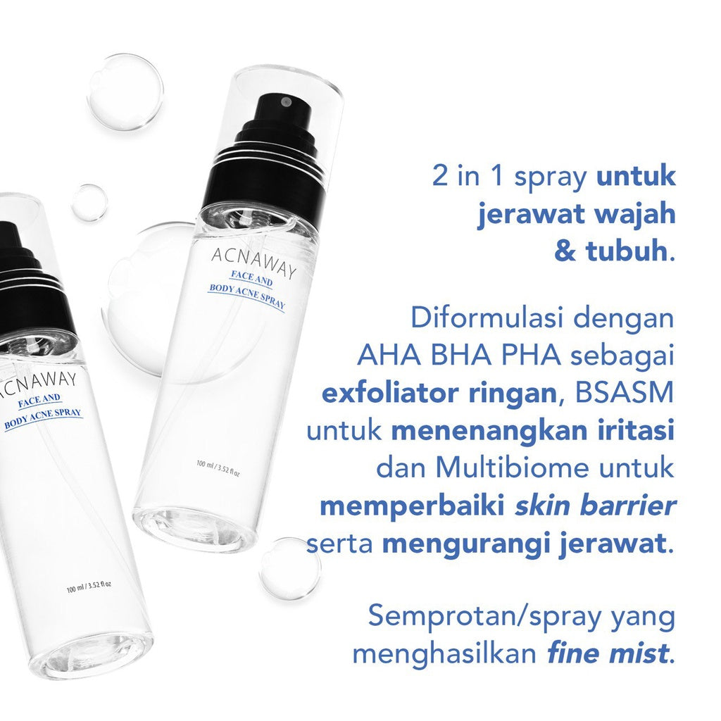 ACNAWAY Acne Face & Body Spray – Face Mist Spray Jerawat untuk Wajah & Badan | Skincare Calming Spray dengan AHA BHA PHA + BSASM + Multibiome | Penghilang Jerawat Punggung, Melembapkan & Menyejukkan Kulit Berjerawat