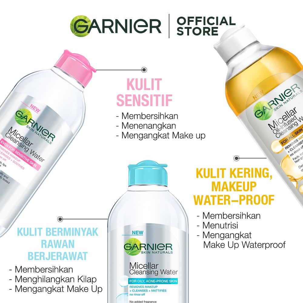 Garnier Micellar Water Pink & Oil Infused- 400 ml Twinpack - Pembersih Wajah & Makeup kulit sensitif | Gentle Cleanser/ No Rinse