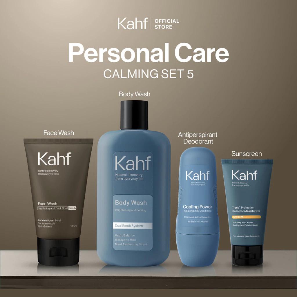 Kahf Personal Care 4-Piece Set: Gentle Low PH Acne Care Kit - Refreshing Set 1 for Active Men with Face Wash, Sunscreen, Body Wash & Deodorant