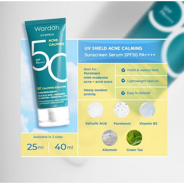 Wardah UV Shield Acne Calming Sunscreen Serum SPF 50 PA++++ | 40ml / 25ml NEW!
