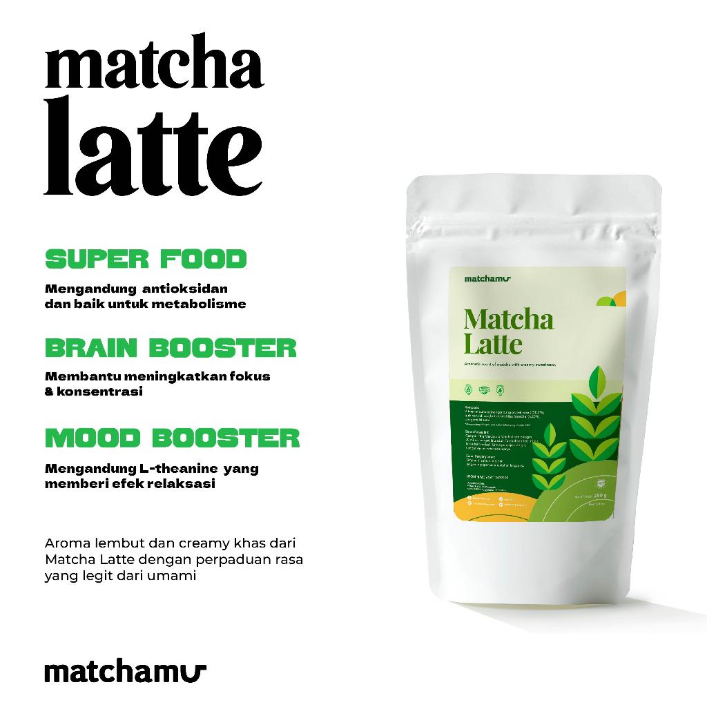 Matchamu Matcha Latte 250gr - Premium Japanese Matcha with Umami Flavor, Non-Refined Sugar, Coconut Cream, Gluten-Free, Halal Certified, BPOM Approved