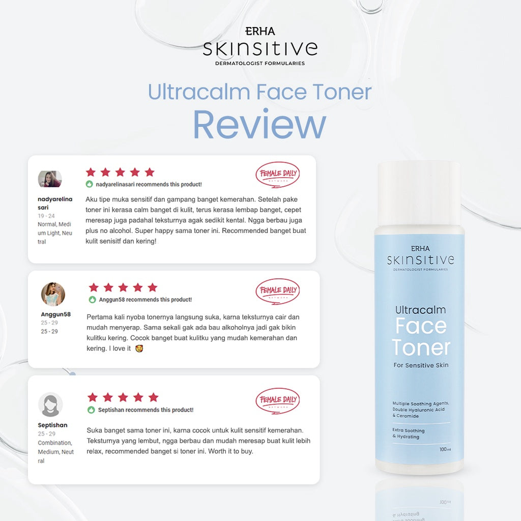 ERHA Skinsitive Ultracalm Face Toner 100g | Hydrating & Calming Toner untuk Semua Jenis Kulit (Normal - Sensitif) | Menenangkan Kulit Kering, Kemerahan, Iritasi | Skin Barrier Lebih Kuat dengan Ceramide, Niacinamide, 7 Calming Agents