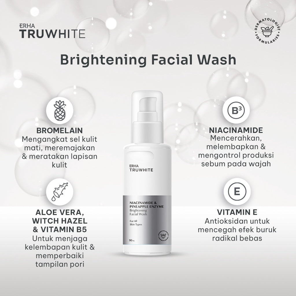 ERHA Truwhite Brightening Facial Wash 90 ml with Niacinamide & Pineapple Enzyme - Face Wash / Sabun Cuci Muka Pencerah Wajah dengan Gentle Exfoliator Tanpa Rasa Ketarik Non SLS & PH Balance