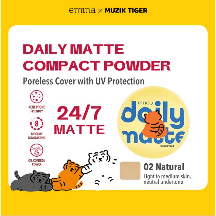 Emina Daily Matte x MUZIK TIGER COMPACT POWDER [Bedak Padat] 11gr No Kilap Club