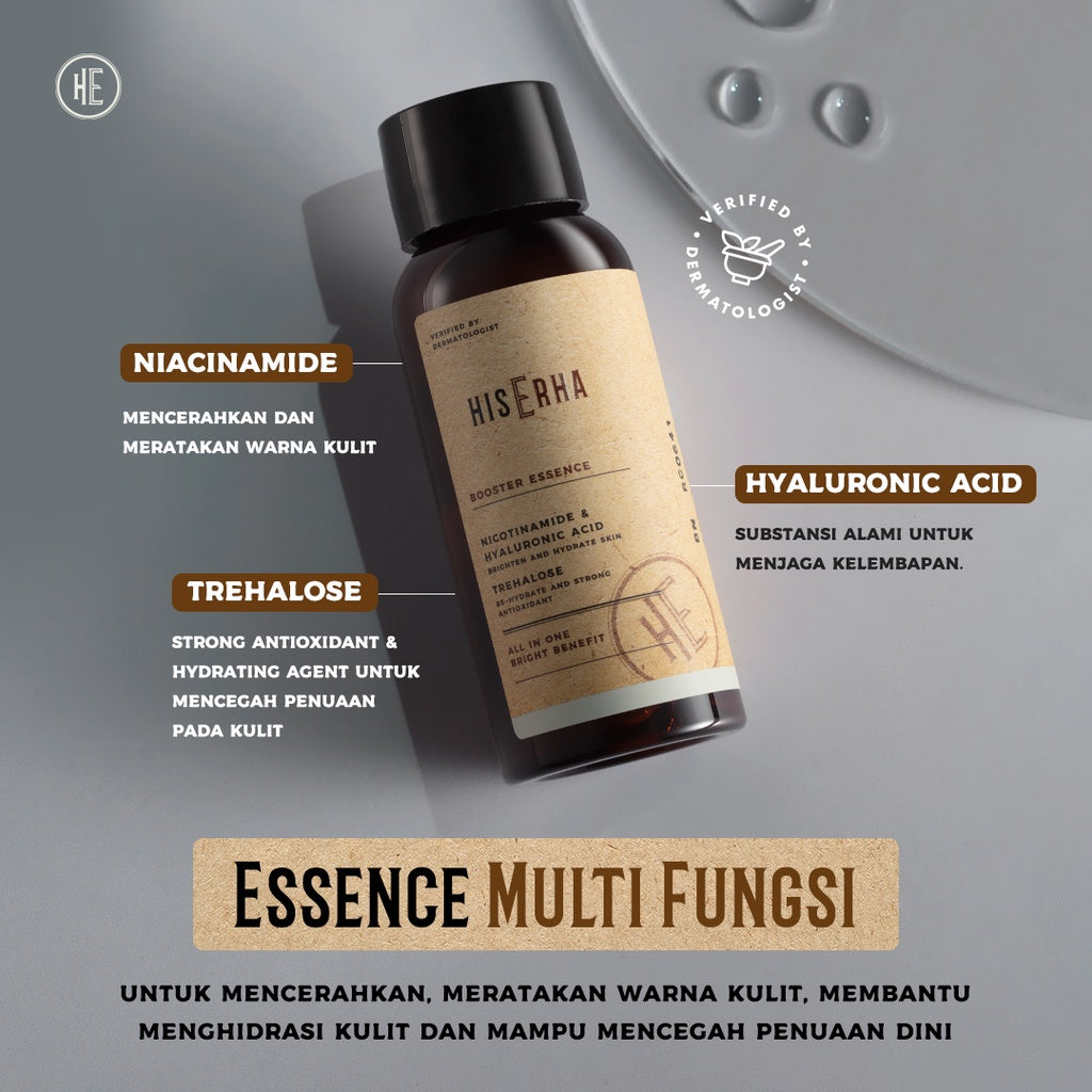 HIS ERHA Booster Essence All In One 60ml - Serum Wajah Pria untuk Mencerahkan, Angkat Kusam, Melembapkan, Meratakan Warna Kulit, Wangi Segar Maskulin, Verified by Dermatologist, Niacinamide, Hyaluronic Acid, Trehalose