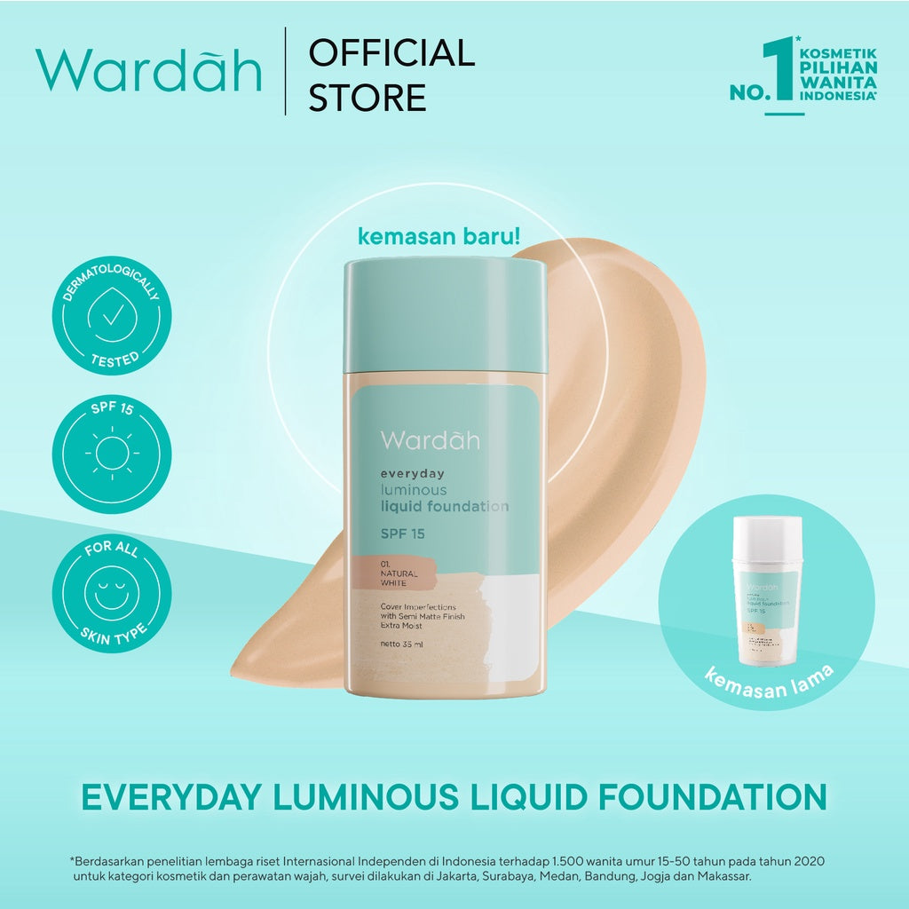 WARDAH Everyday Luminous Liquid Foundation - Alas Bedak Cair Dengan Hasil Matte Natural dan Mengandung SPF 15 - Melembabkan dan Nyaman Digunakan - Makeup