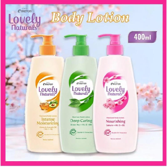 Emeron Lovely Naturals Hand & Body Lotion 400 ml Green Tea Sakura Honey with Vitamins E B5 Double UV Protection Quick Absorbing Non Greasy Formula