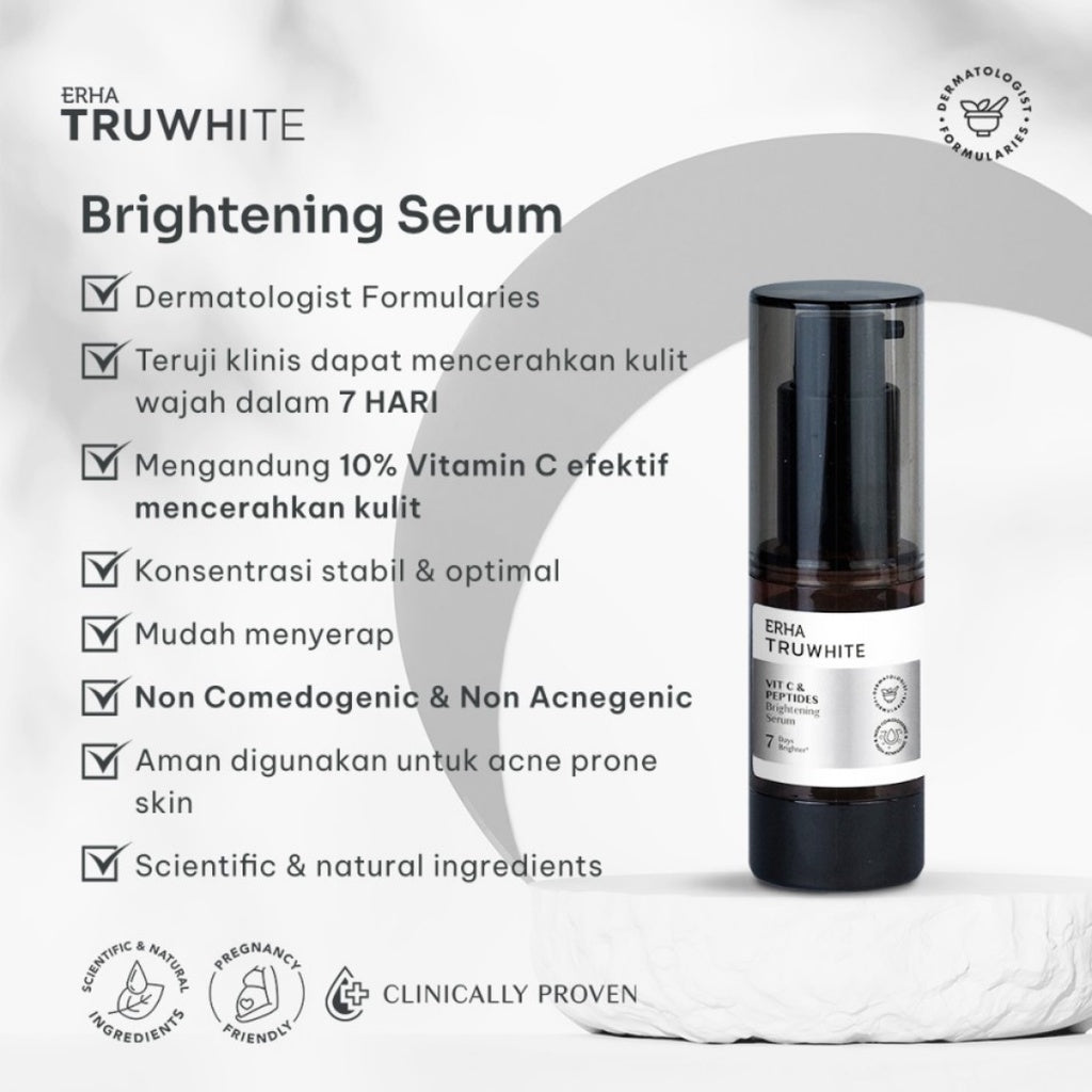 TwinFlame ERHA Truwhite Brightening Serum with Ethyl Vit C/Vitamin C & Peptides – 20ml | Cerah, Plumpy, Glowing, cocok untuk kulit Normal/Sensitif/Jerawat