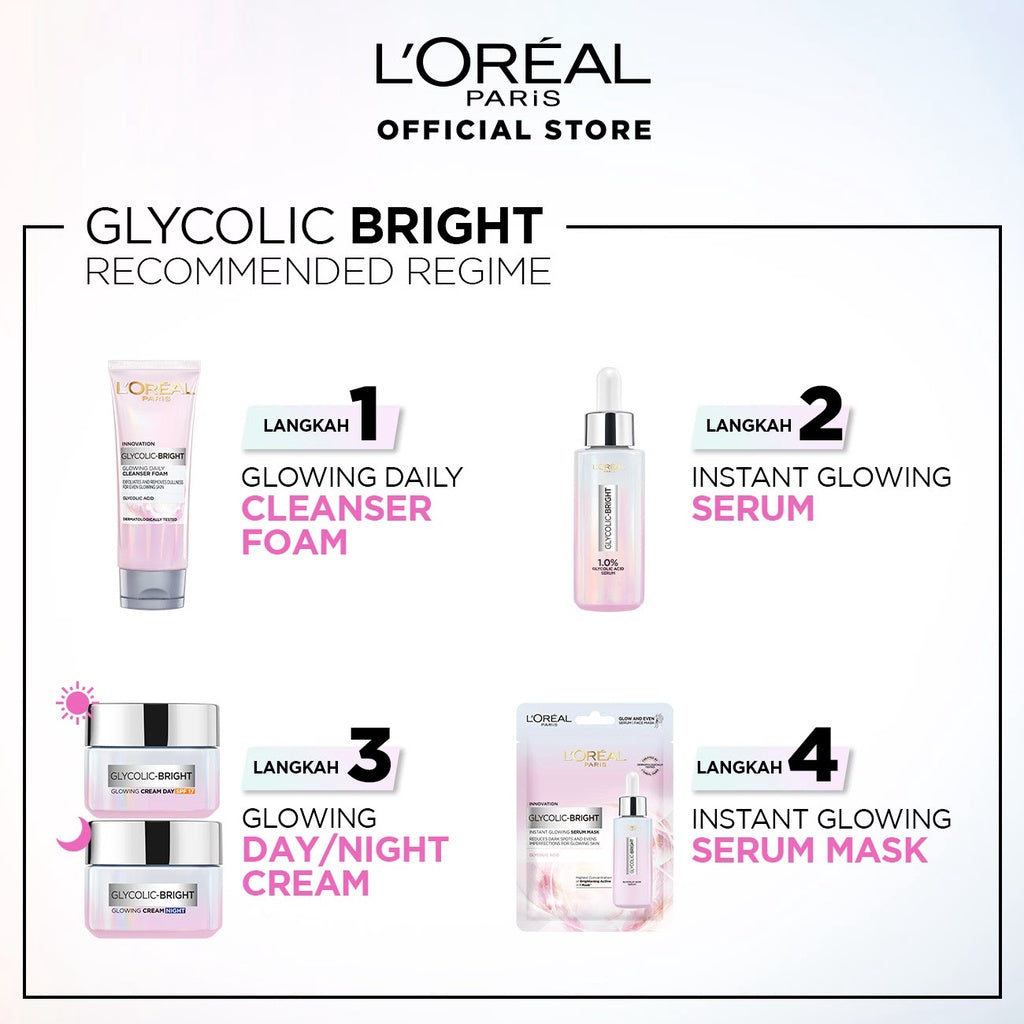 L’Oreal Paris Glycolic Bright Skincare Kit 3 Pcs 15ml – Serum, Day and Night Moisturizer AHA Glycolic Acid Peeling Brightening Untuk Melembabkan dan Mencerahkan Loreal