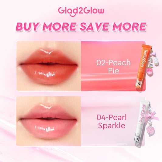 Glad2Glow BRIGHTENING LIP SERUM 02 Peach Pie & 04 Pearl Sparkle Enhance Your Lip Glow with Dual Shades