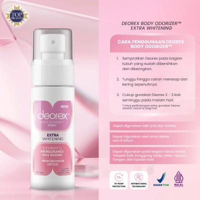 Deorex Body Odorizer Spray Extra Whitening – 60ml | Odor Neutralizer & Brightening Care for Underarms and Body | Alcohol-Free & Gentle for Daily Use