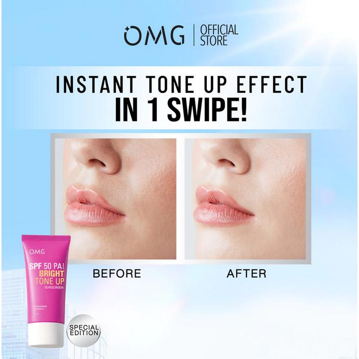 OMG OH MY GLOW Bright Tone Up UV Barrier Sunscreen SPF 50 PA++++ 25 ml | Sunscreen Bright Booster Mencerahkan dengan kandungan Serum Vit B3+C+E