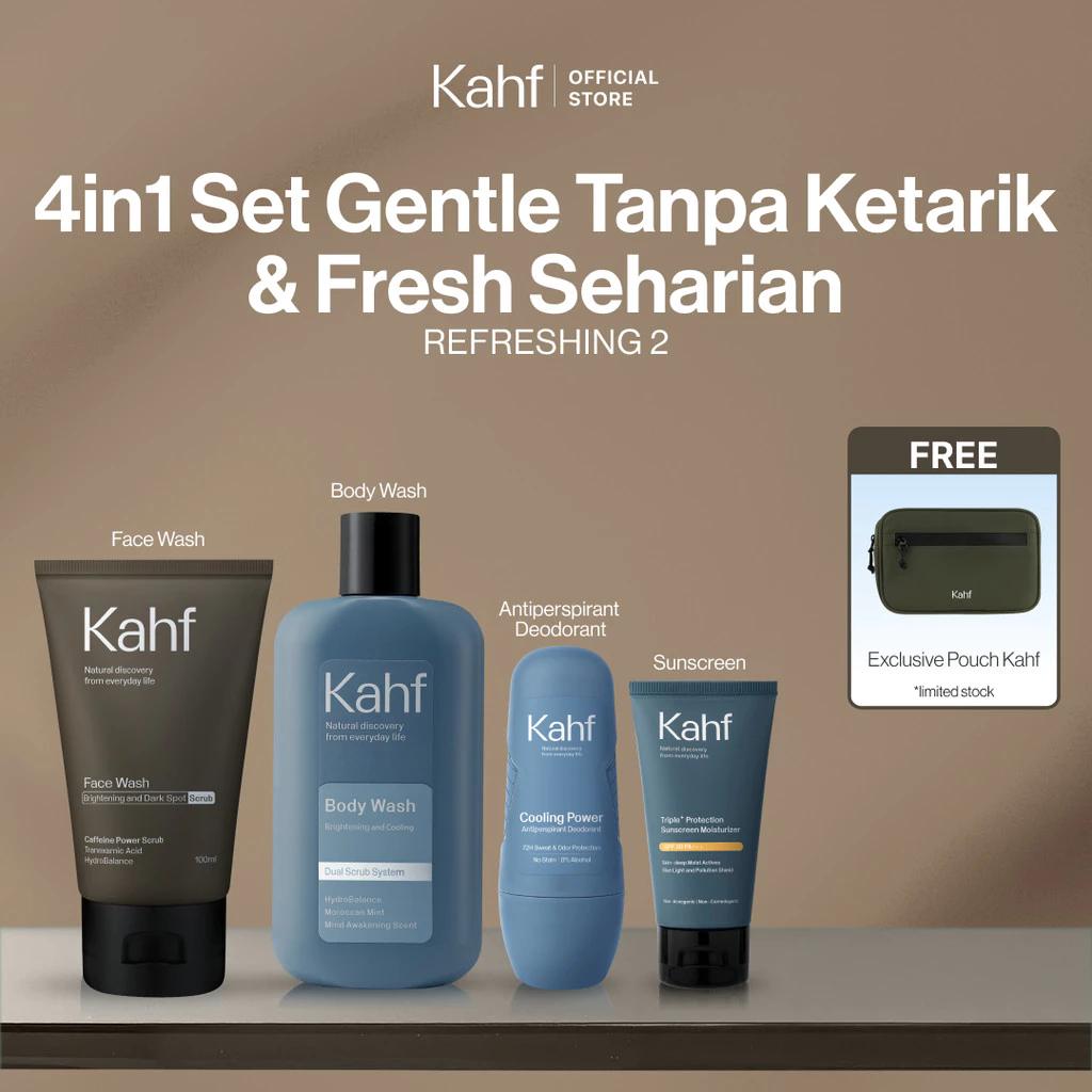 Kahf Personal Care 4-Piece Set: Gentle Low PH Acne Care Kit - Refreshing Set 1 for Active Men with Face Wash, Sunscreen, Body Wash & Deodorant