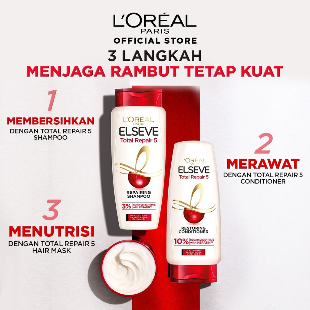 [PAKET HEMAT] L'Oreal Paris Elseve Total Repair 5 Rangkaian Perawatan Dengan Ceramide Lengkap Untuk 5 Tanda Kerusakan Rambut (Shampoo 410ml, Kondisioner 155ml, & Masker 200ml)