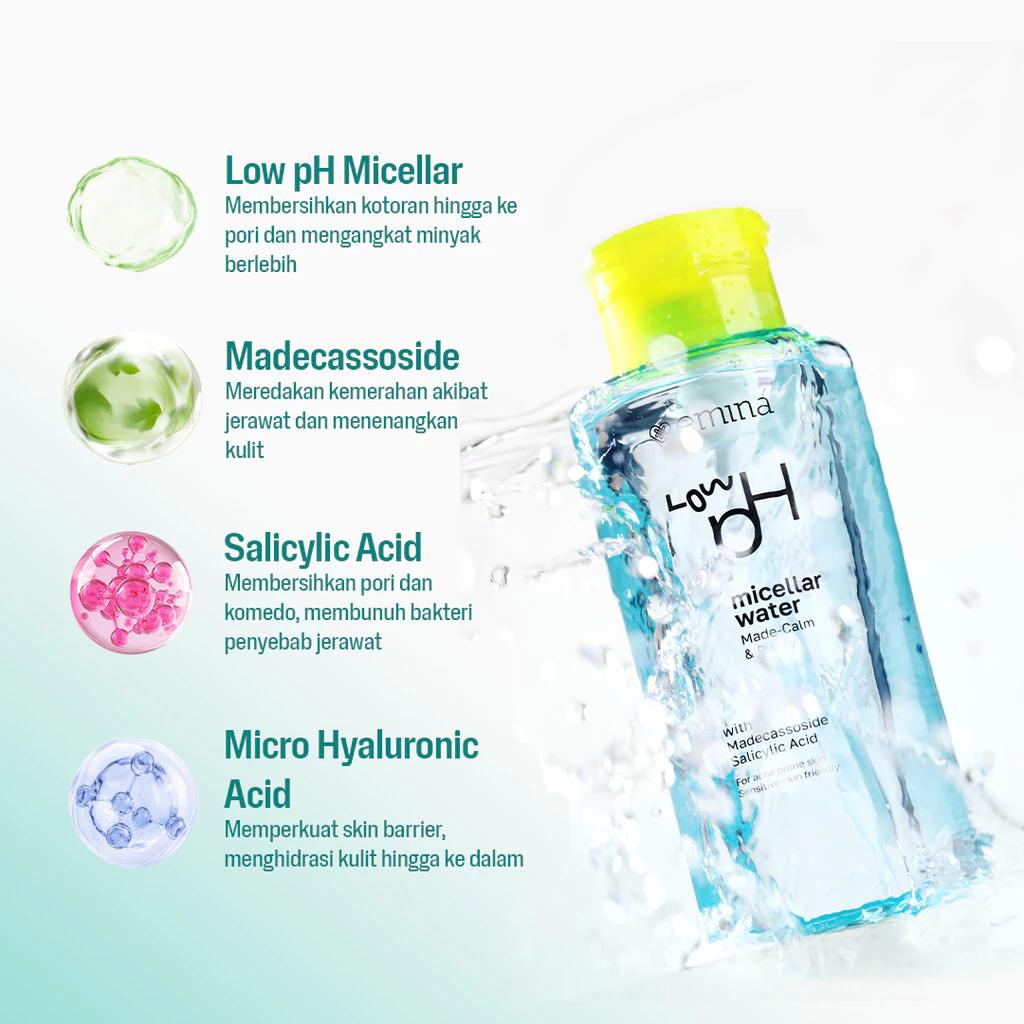 Emina Low pH Micellar Water Complete Series - Dry & Dull Oily & Acne-Prone Sensitive Skin 125ml & 300ml Cleanser with AHA Alpha Arbutin Formula