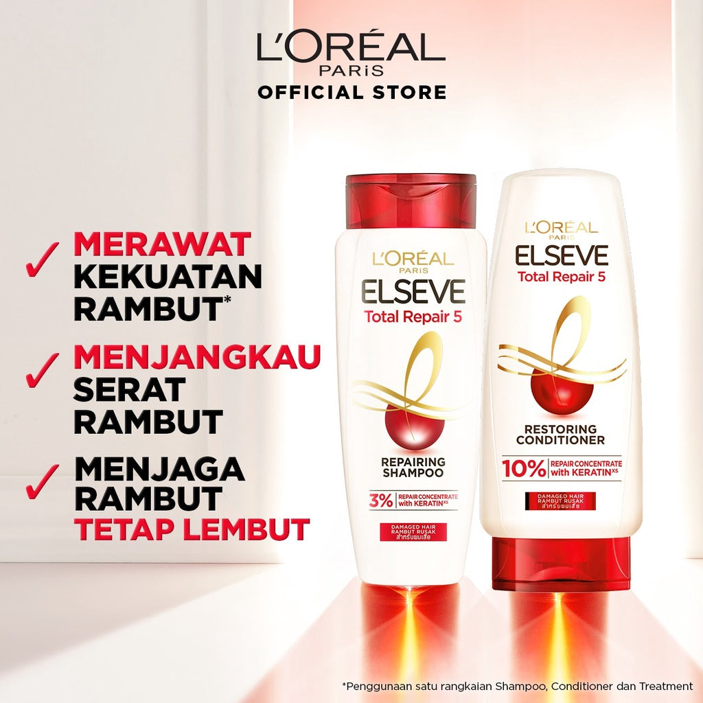[PAKET HEMAT] L'Oreal Paris Elseve Total Repair 5 Rangkaian Perawatan Dengan Ceramide Lengkap Untuk 5 Tanda Kerusakan Rambut (Shampoo 410ml, Kondisioner 155ml, & Masker 200ml)