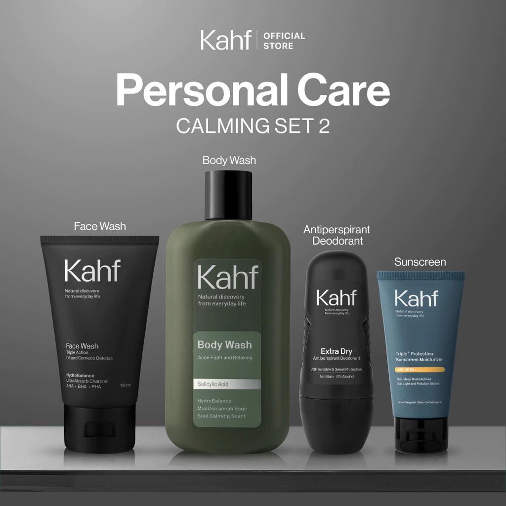 Kahf Personal Care 4-Piece Set: Gentle Low PH Acne Care Kit - Refreshing Set 1 for Active Men with Face Wash, Sunscreen, Body Wash & Deodorant