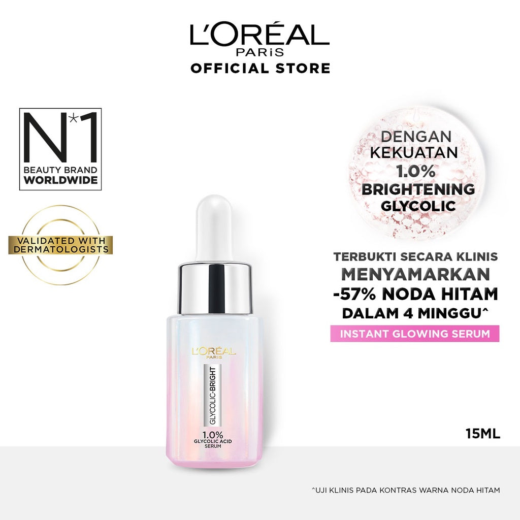 L’Oreal Paris Glycolic Bright Skincare Kit 3 Pcs 15ml – Serum, Day and Night Moisturizer AHA Glycolic Acid Peeling Brightening Untuk Melembabkan dan Mencerahkan Loreal