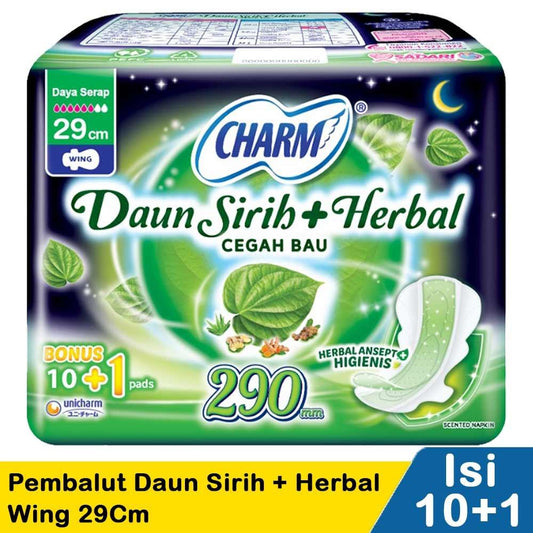 Charm Herbal Sanitary Pads 10+1’s Wings 29cm – With Betel Leaf + Herbal Freshness for Extra Comfort
