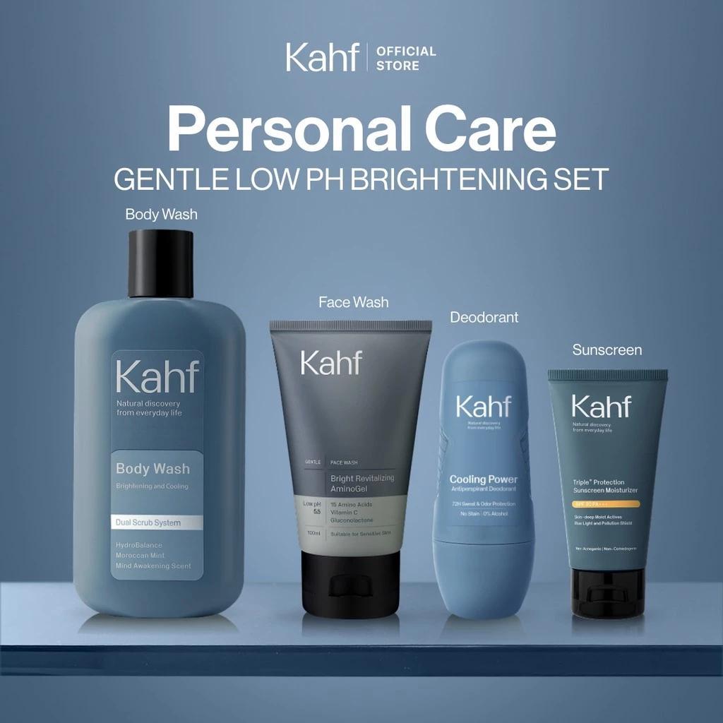 Kahf Personal Care 4-Piece Set: Gentle Low PH Acne Care Kit - Refreshing Set 1 for Active Men with Face Wash, Sunscreen, Body Wash & Deodorant
