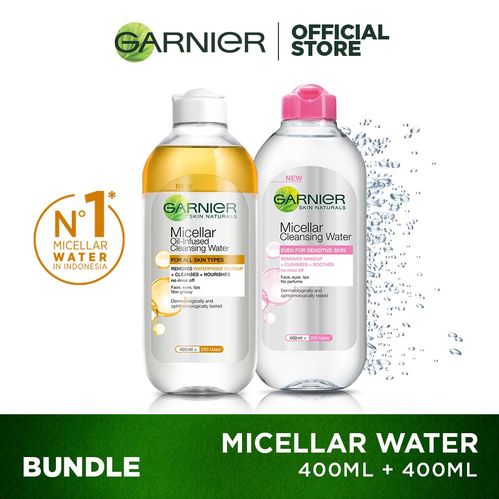 Garnier Micellar Water Pink & Oil Infused- 400 ml Twinpack - Pembersih Wajah & Makeup kulit sensitif | Gentle Cleanser/ No Rinse