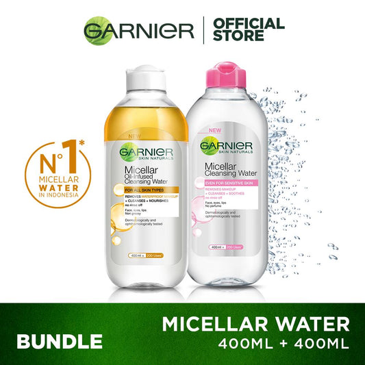 Garnier Micellar Water Pink & Oil Infused- 400 ml Twinpack - Pembersih Wajah & Makeup kulit sensitif | Gentle Cleanser/ No Rinse