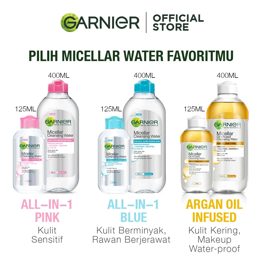 Garnier Micellar Water Pink & Oil Infused- 400 ml Twinpack - Pembersih Wajah & Makeup kulit sensitif | Gentle Cleanser/ No Rinse