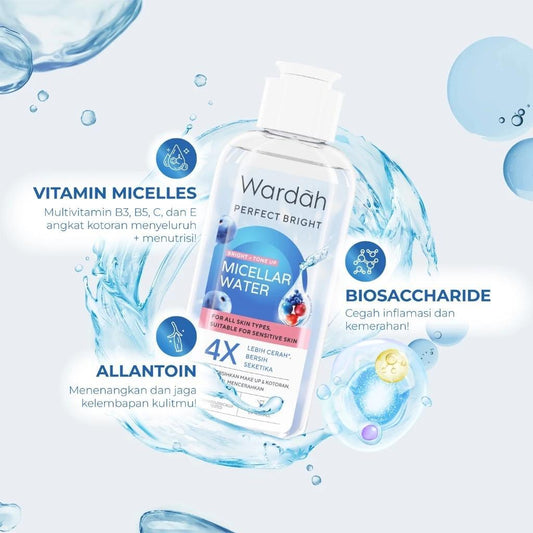 Wardah Perfect Bright TONE UP MICELLAR Water 100ml with Vitamin Micelles & Allantoin for 4x Brighter Skin Makeup Remover