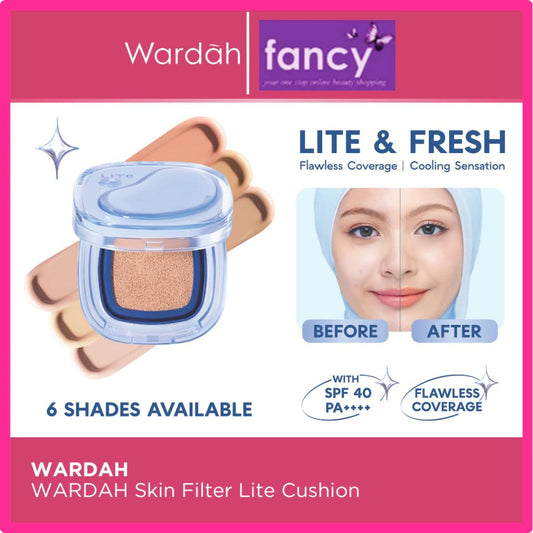 Wardah Lite Skin Filter Cushion 11g NEW Flawless Coverage Cooling Sensation for Sensitive Acne-Prone Skin with Ceramide SPF 40 PA++++ Lightweight Makeup Lasts 8 Hours