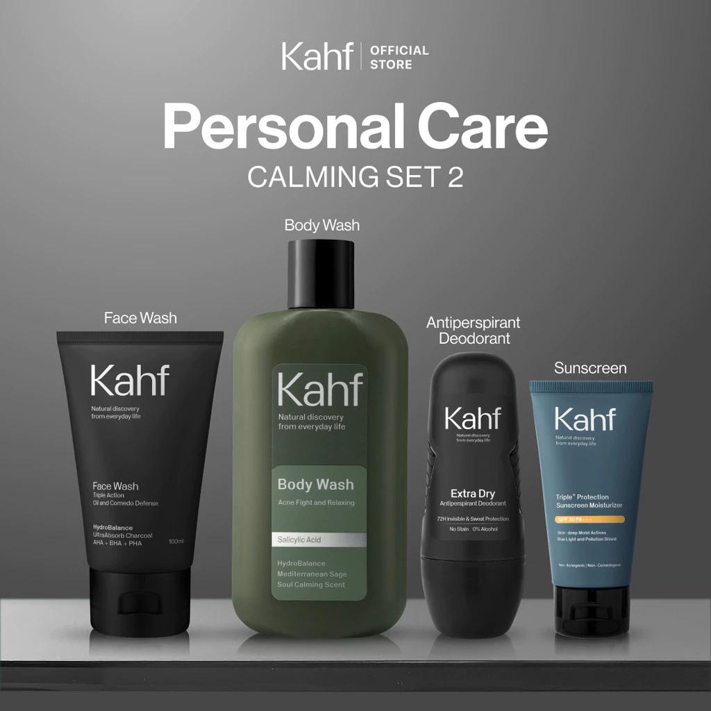 Kahf Personal Care 4-Piece Set: Gentle Low PH Acne Care Kit - Refreshing Set 1 for Active Men with Face Wash, Sunscreen, Body Wash & Deodorant