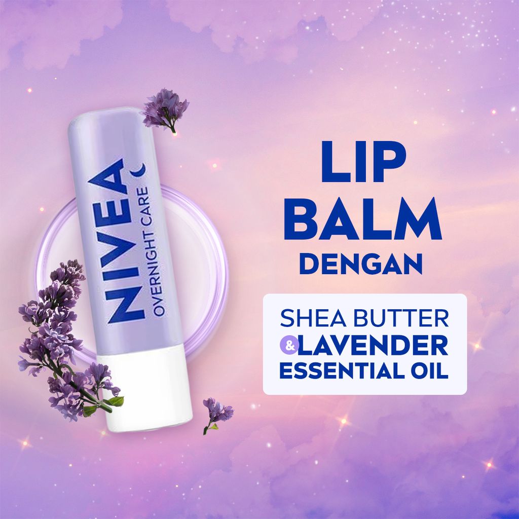 NIVEA Lip Balm Overnight Care 4.8gr - Pelembap bibir malam hari melembabkan plumpy kering pecah-pecah tahan lama melindungi bibir natural intensif lembap tidak lengket tidak berminyak glossy - Lavender Essential Oil, Shea Butter