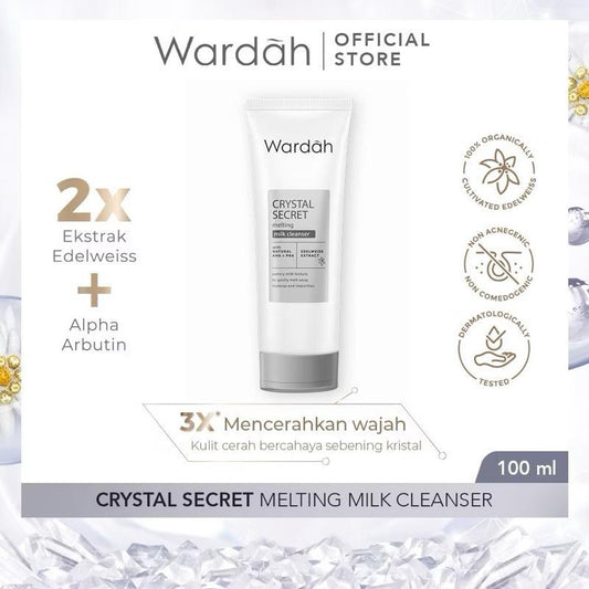 Wardah Crystal Milk Cleanser BrightGlow with Edelweiss & AHA+PHA 100ml Gentle Luxurious Cleanser for Brightening Hydrating & Refining Skin