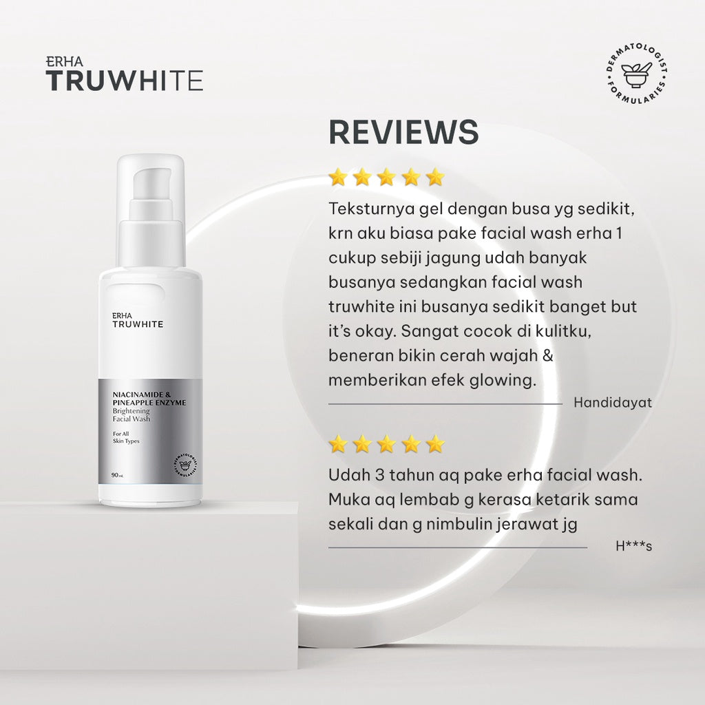 ERHA Truwhite Brightening Facial Wash 90 ml with Niacinamide & Pineapple Enzyme - Face Wash / Sabun Cuci Muka Pencerah Wajah dengan Gentle Exfoliator Tanpa Rasa Ketarik Non SLS & PH Balance