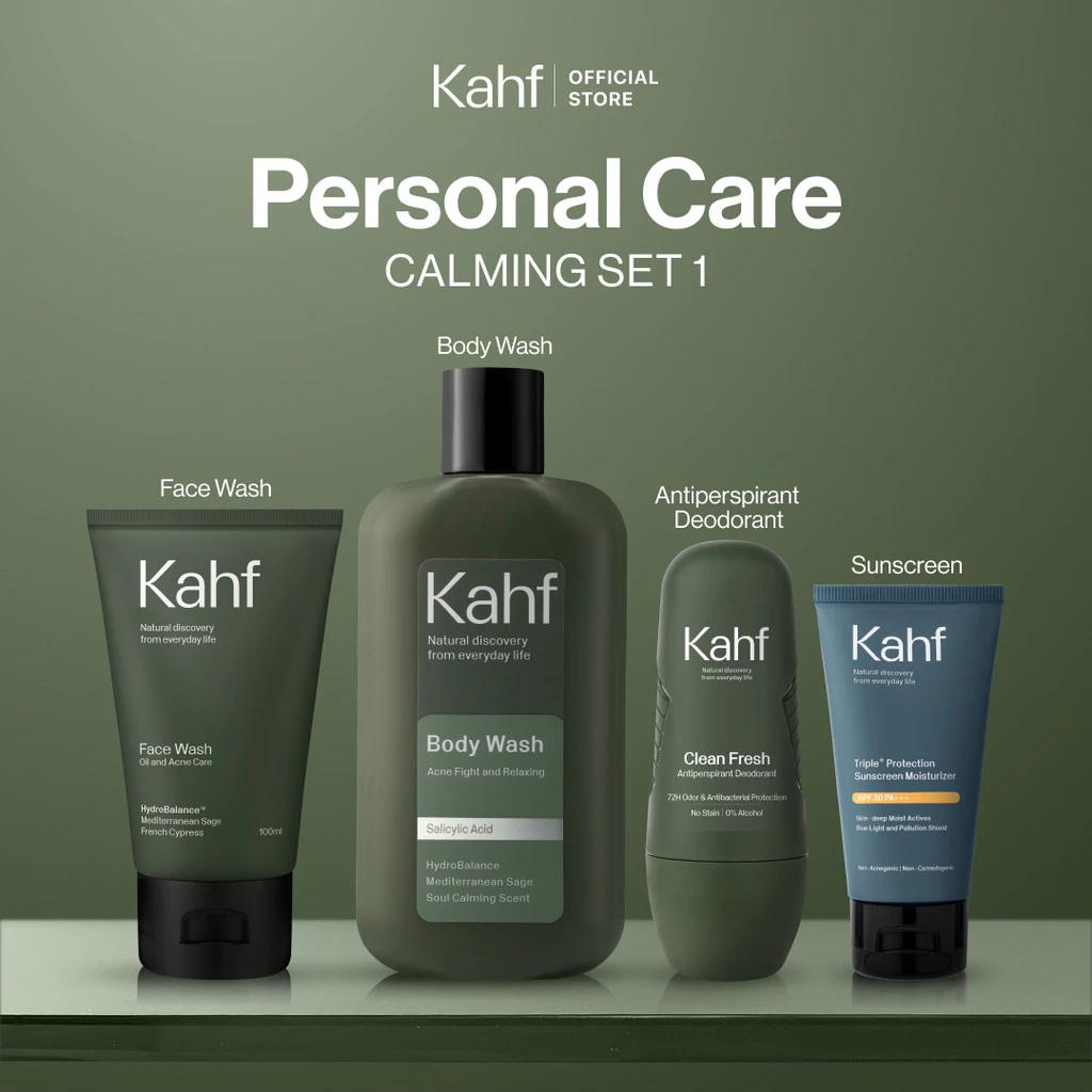 Kahf Personal Care 4-Piece Set: Gentle Low PH Acne Care Kit - Refreshing Set 1 for Active Men with Face Wash, Sunscreen, Body Wash & Deodorant