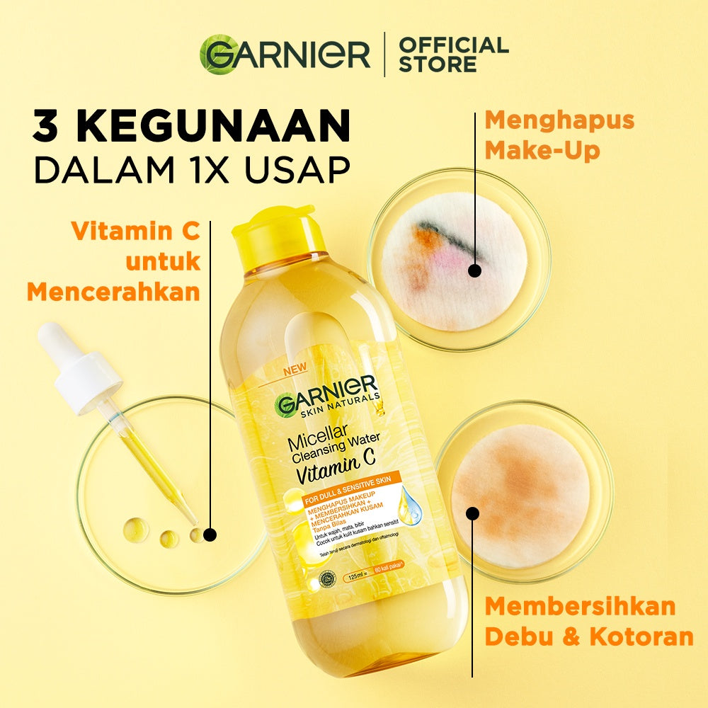 Garnier Micellar Water Vitamin C 125ml 3 pcs - Skincare Pembersih Wajah & Makeup Kulit Cerah