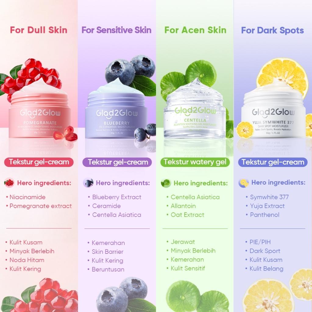 Glad2Glow All Series - Blueberry Moisturizer Cream, Pomegranate Cleanser, Volcano Acne Clay Stick for Fresh & Healthy Skin Care | Variants No. 01-14