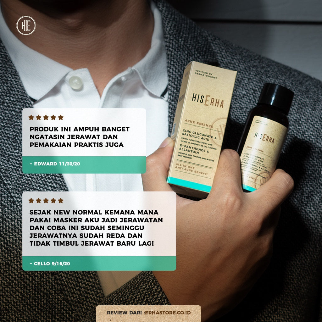 HIS ERHA Acne Essence All In One 60 ml - Serum Wajah Pria untuk Membantu Lawan Jerawat, Kontrol Minyak Berlebih, Wangi Segar Maskulin, Verified by Dermatologist, Zinc Gluconate, Salicylic Acid, Niacinamide, D-Panthenol, Allantoin