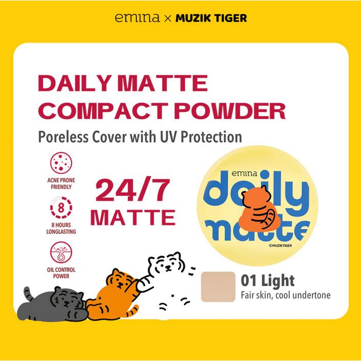 Emina Daily Matte x MUZIK TIGER COMPACT POWDER [Bedak Padat] 11gr No Kilap Club