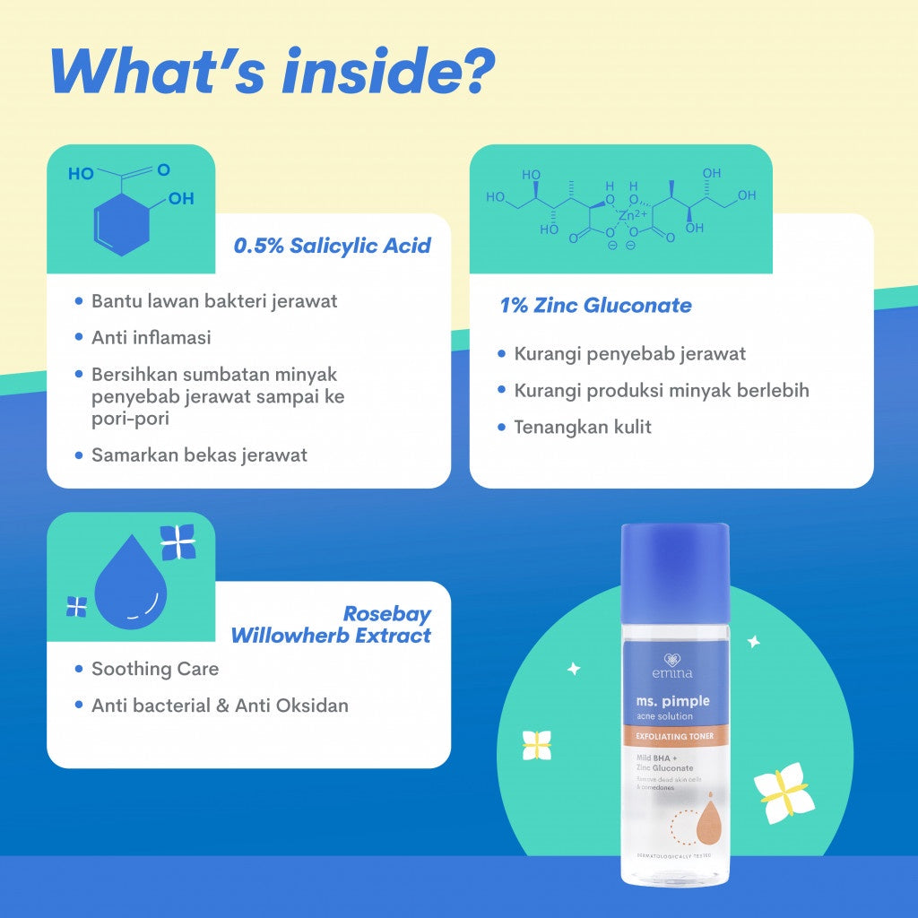 Emina Ms. Pimple Acne Solution Exfoliating Toner 100 mL - Angkat Sel Kulit Mati dan Komedo, Atasi Jerawat dalam 7 Hari!