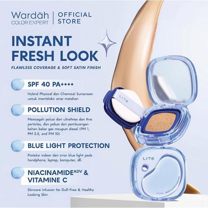 Wardah Lite Skin Filter Cushion 11g NEW Flawless Coverage Cooling Sensation for Sensitive Acne-Prone Skin with Ceramide SPF 40 PA++++ Lightweight Makeup Lasts 8 Hours