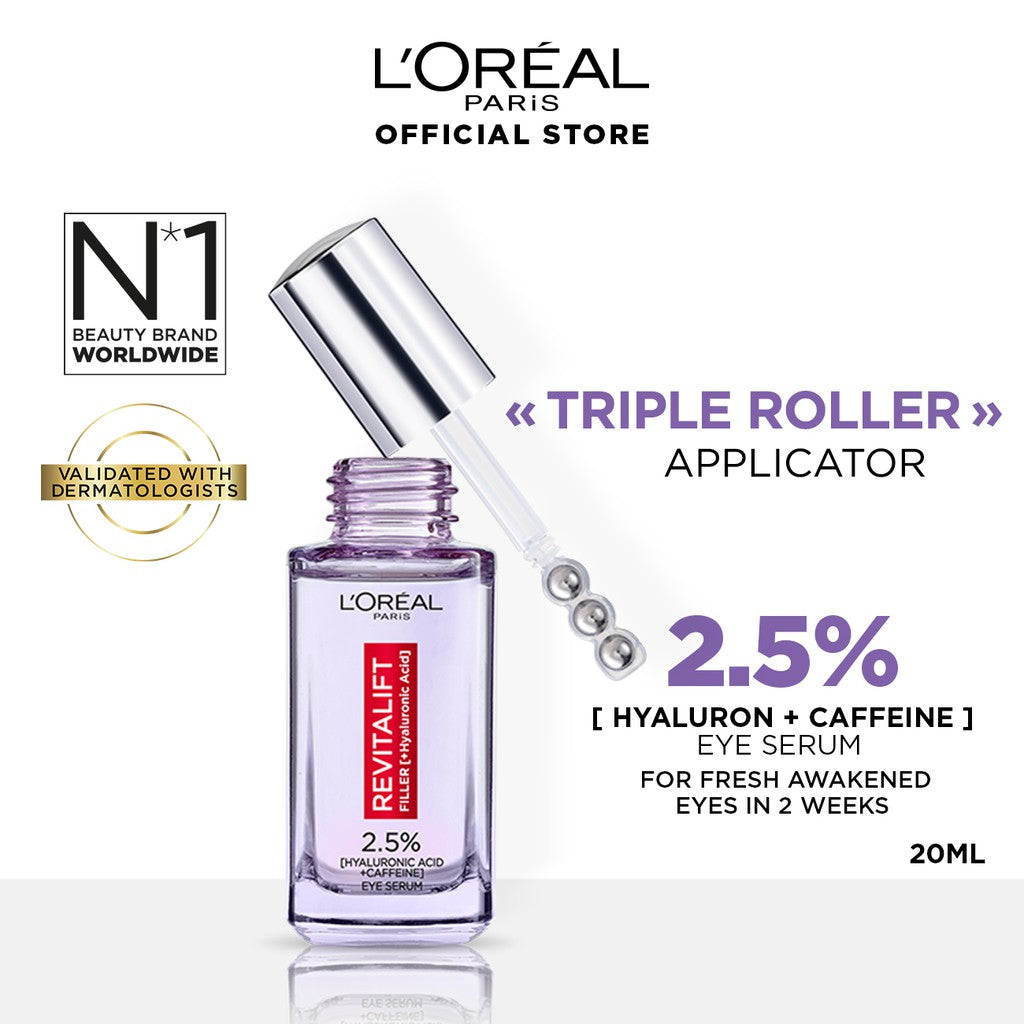 BARU! L'Oreal Paris Triple Roller 2.5% Hyaluron + Caffein Eye Serum Skincare - 20ml (Eye Serum dengan Instant Cooling Effect untuk menyamarkan garis halus dalam 2 minggu)