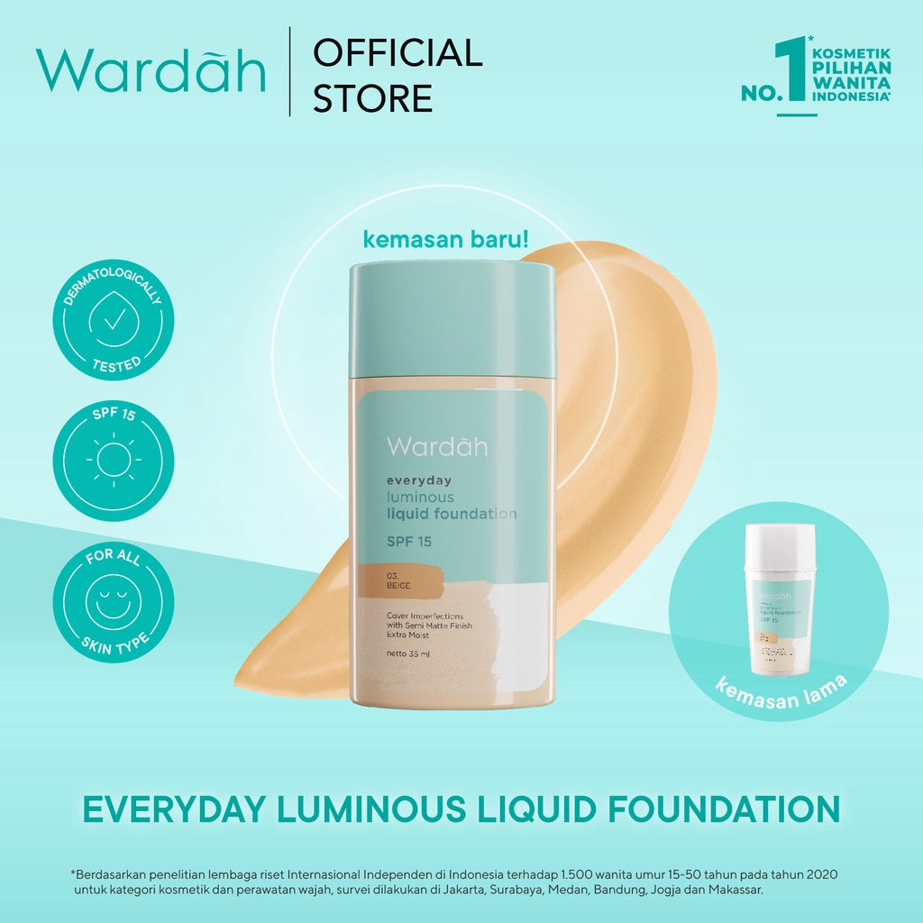 WARDAH Everyday Luminous Liquid Foundation - Alas Bedak Cair Dengan Hasil Matte Natural dan Mengandung SPF 15 - Melembabkan dan Nyaman Digunakan - Makeup