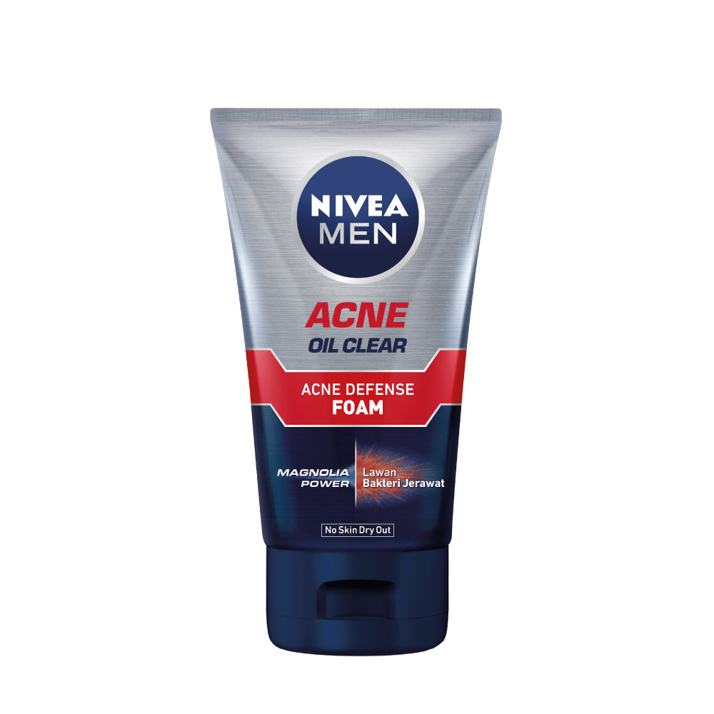 NIVEA MEN Facial Foam Oil Clear Acne Defense  50ml - Sabun cuci muka pria bebas jerawat anti bakteri pembersih wajah kulit berminyak face wash oily acne prone skin membersihkan komedo mengecilkan pori - Magnolia Power, L-Carnitine