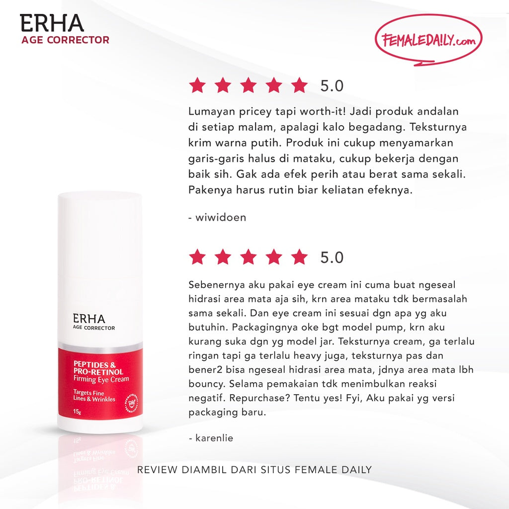ERHA Age Corrector Peptides & Pro-Retinol Firming Eye Cream 15g - Krim Mata Anti Aging | Menyamarkan Garis Halus Keriput Kerutan Kantong Mata | Mencerahkan Mata Panda | Retinol