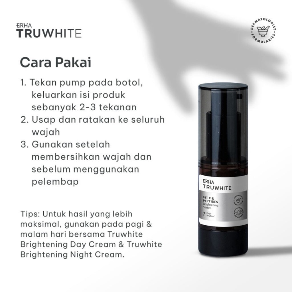 TwinFlame ERHA Truwhite Brightening Serum with Ethyl Vit C/Vitamin C & Peptides – 20ml | Cerah, Plumpy, Glowing, cocok untuk kulit Normal/Sensitif/Jerawat