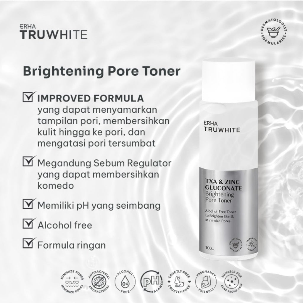 ERHA Truwhite Brightening Pore Toner 100 mL with 2% Zinc Gluconate, Tranexamic Acid & Niacinamide - Toner Pencerah Wajah yang Kuat serta Efektif Kecilkan & Samarkan Pori dengan AHA PHA dan Alkohol Free