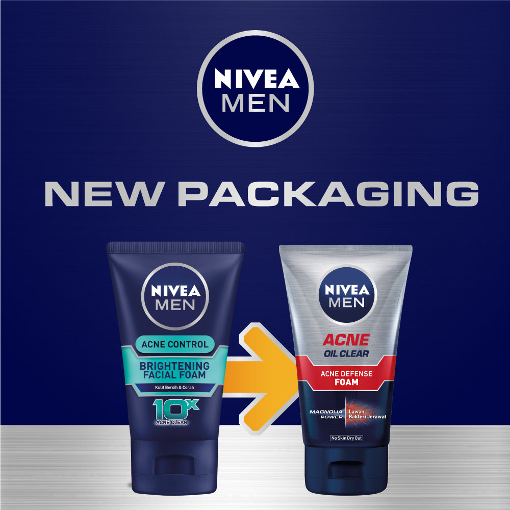 NIVEA MEN Facial Foam Oil Clear Acne Defense  50ml - Sabun cuci muka pria bebas jerawat anti bakteri pembersih wajah kulit berminyak face wash oily acne prone skin membersihkan komedo mengecilkan pori - Magnolia Power, L-Carnitine
