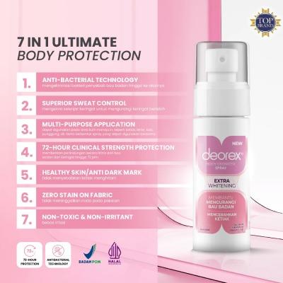 Deorex Body Odorizer Spray Extra Whitening – 60ml | Odor Neutralizer & Brightening Care for Underarms and Body | Alcohol-Free & Gentle for Daily Use
