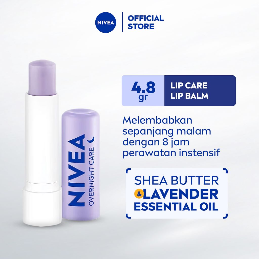 NIVEA Lip Balm Overnight Care 4.8gr - Pelembap bibir malam hari melembabkan plumpy kering pecah-pecah tahan lama melindungi bibir natural intensif lembap tidak lengket tidak berminyak glossy - Lavender Essential Oil, Shea Butter